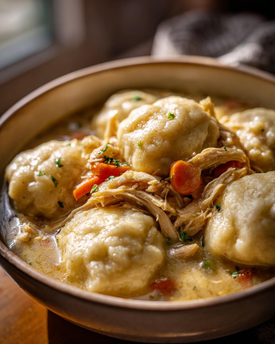 Close-up of a rustic bowl filled with creamy chicken and dumpling stew, featuring fluffy dumplings and shredded chicken.