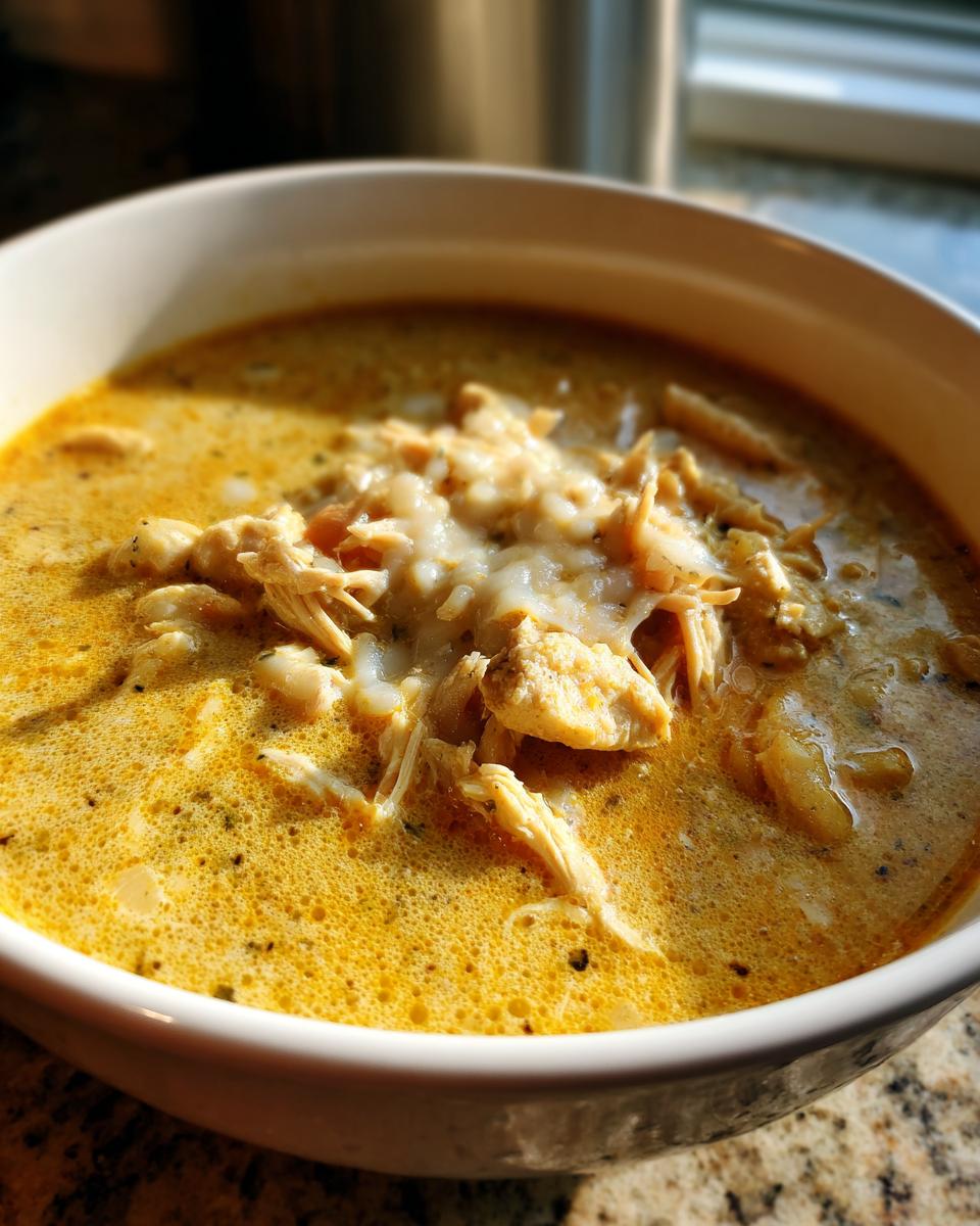Close-up of creamy, yellow chicken chili recipe topped with melted white cheese and shredded chicken.
