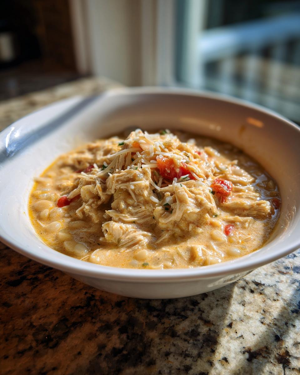 A close-up of creamy white chicken chili topped with shredded cheese and diced tomatoes.
