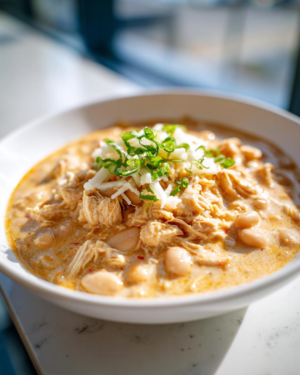 Close-up of a white bowl filled with creamy chicken chili recipe, topped with shredded cheese and green onions.