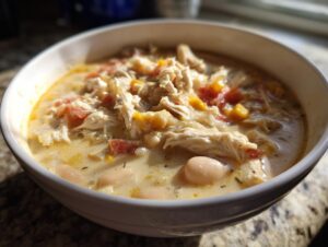 Close-up of a creamy white chicken chili recipe featuring shredded chicken, white beans, tomatoes, and corn in a white bowl.