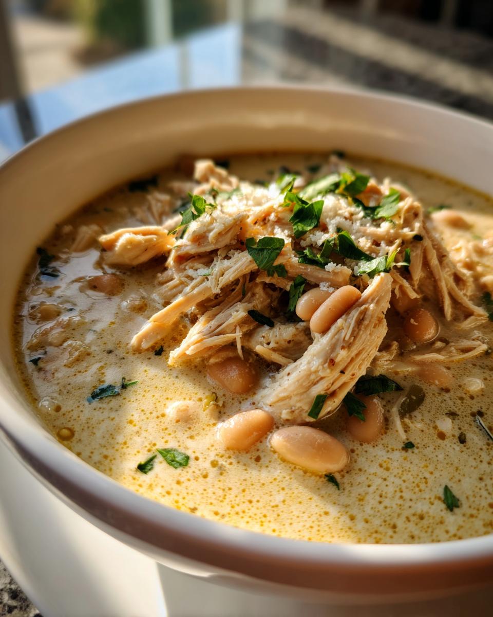 Close-up of a bowl of creamy white chicken chili recipe topped with shredded chicken, white beans, and parsley.