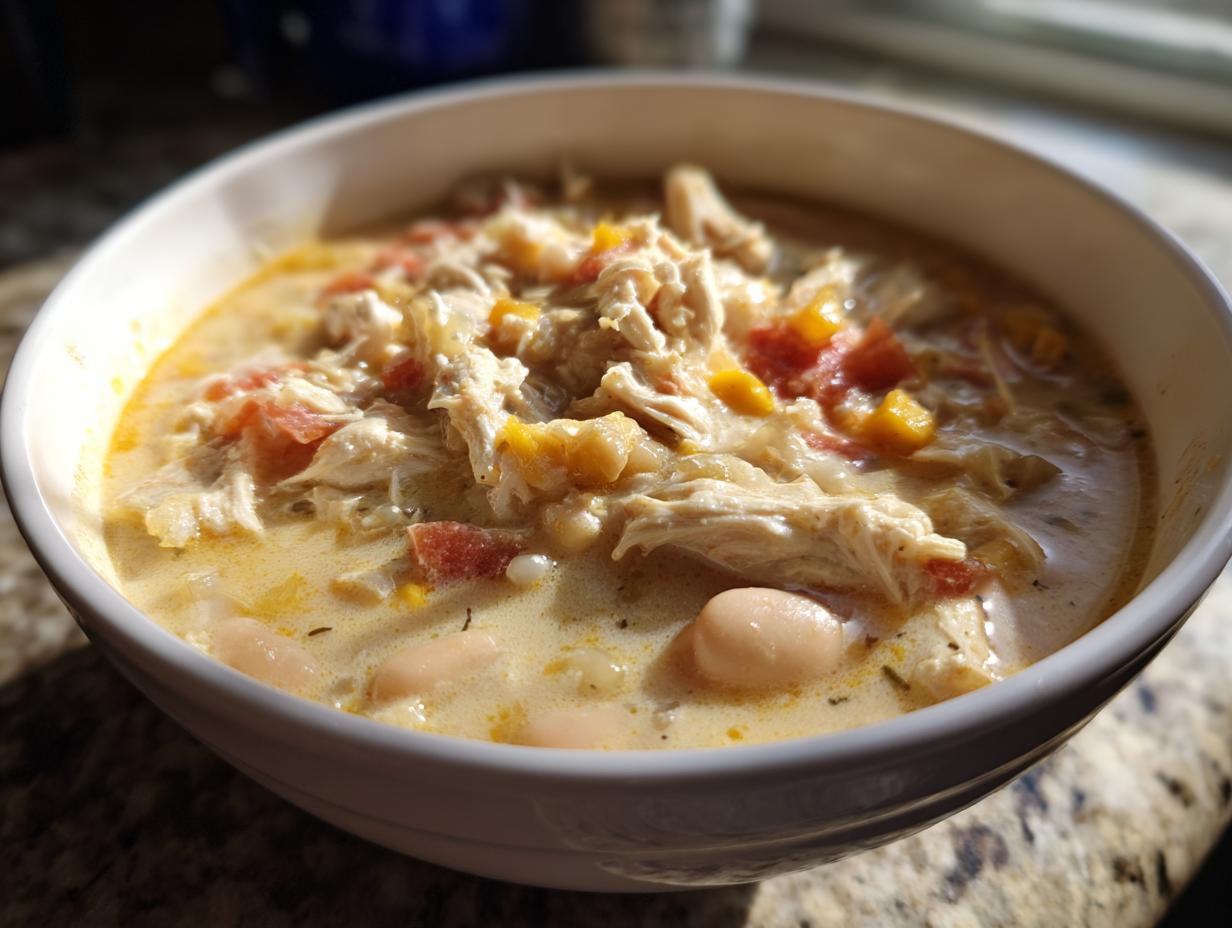 Close-up of a creamy white chicken chili recipe featuring shredded chicken, white beans, tomatoes, and corn in a white bowl.