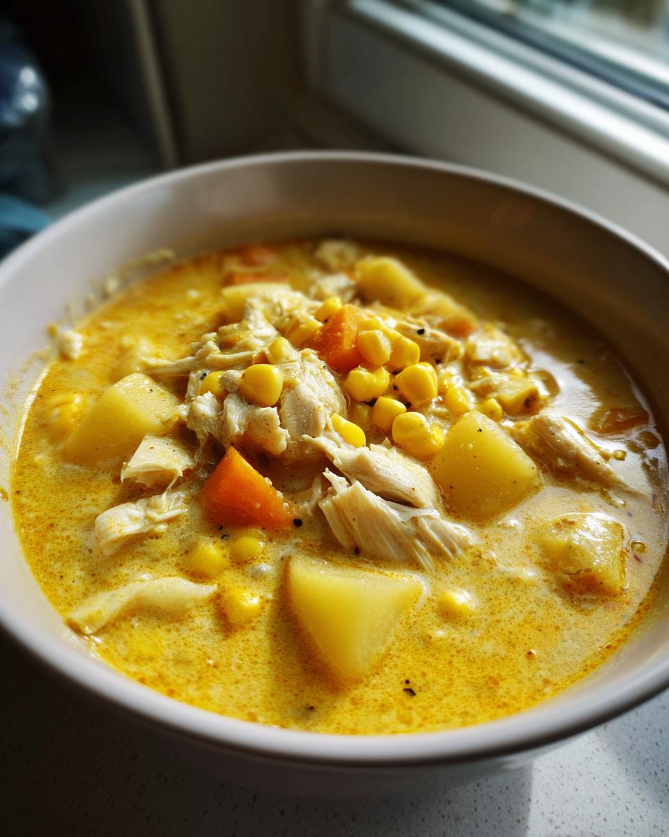 Close-up of a hearty bowl of creamy chicken corn chowder, showing shredded chicken, corn, and potato chunks.