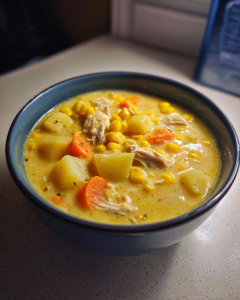 A close-up of creamy chicken corn chowder filled with corn, potatoes, carrots, and shredded chicken.