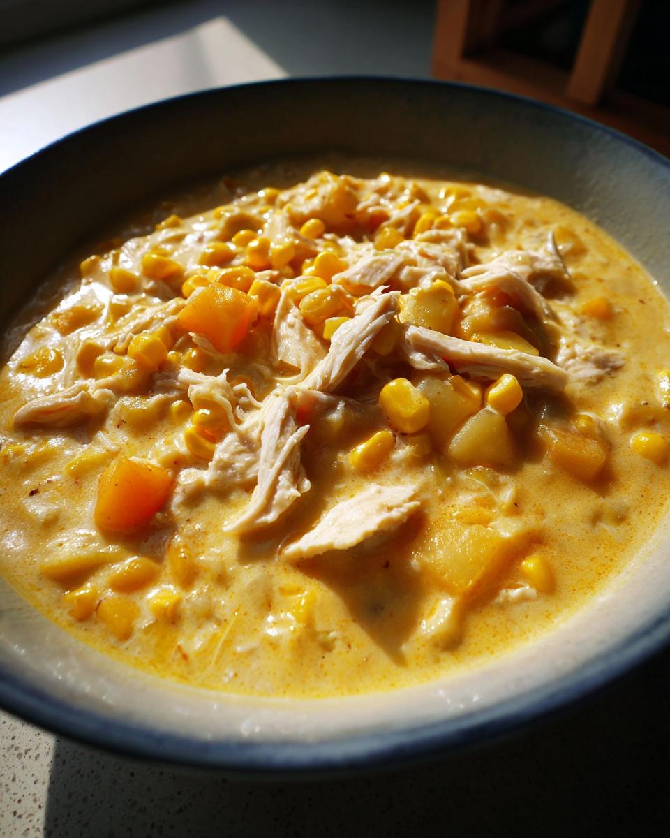 Close-up of a hearty bowl of creamy chicken corn chowder topped with shredded chicken and corn kernels.