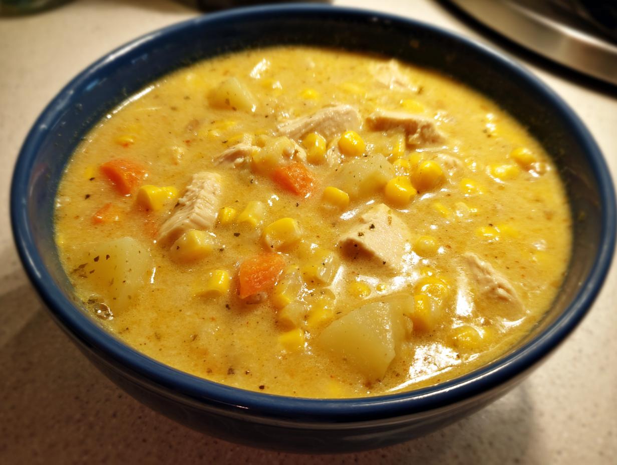 Close-up of a hearty bowl of creamy chicken corn chowder filled with corn, potatoes, and chicken chunks.