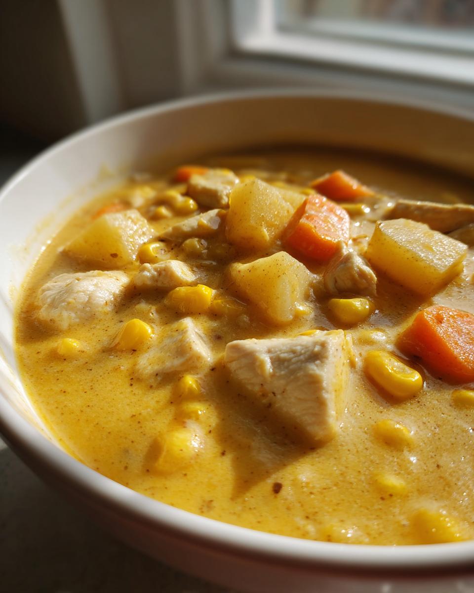 A close-up shot of creamy chicken corn chowder featuring chunks of chicken, potatoes, corn, and carrots in a rich yellow broth.