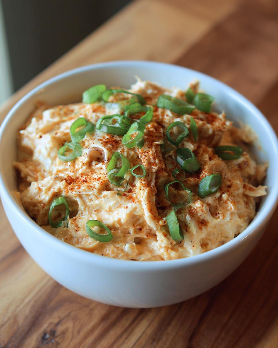 A close-up of creamy chicken enchilada dip served in a white bowl, garnished with sliced green onions and paprika.