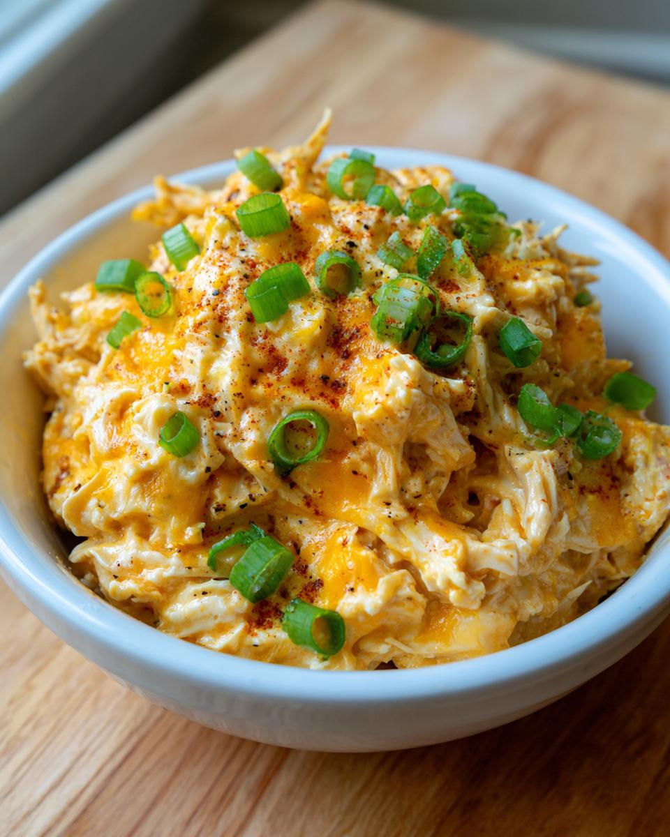 A close-up of creamy chicken enchilada dip topped with melted cheese, paprika, and sliced green onions.