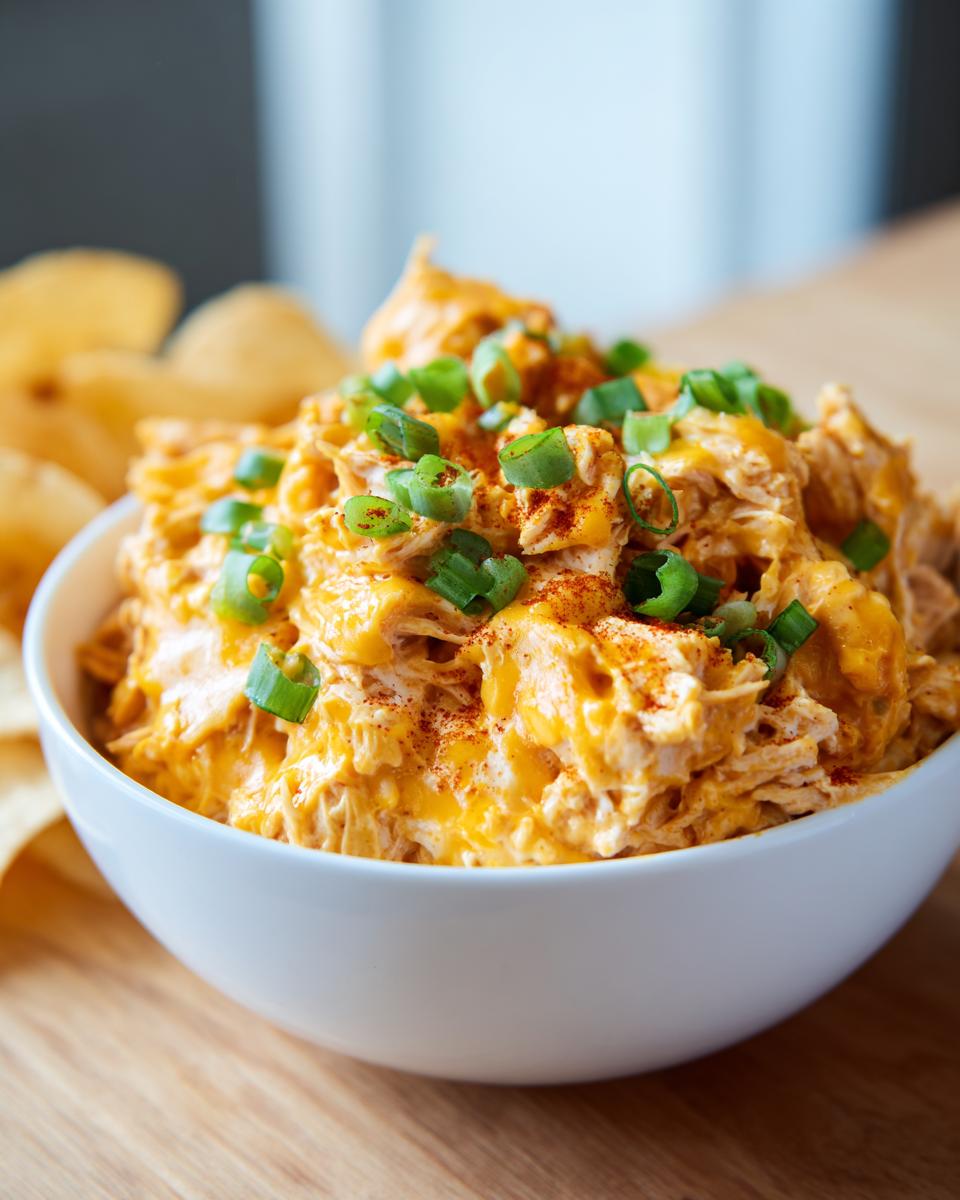 Close-up of creamy chicken enchilada dip topped with sliced green onions and paprika, served with tortilla chips.