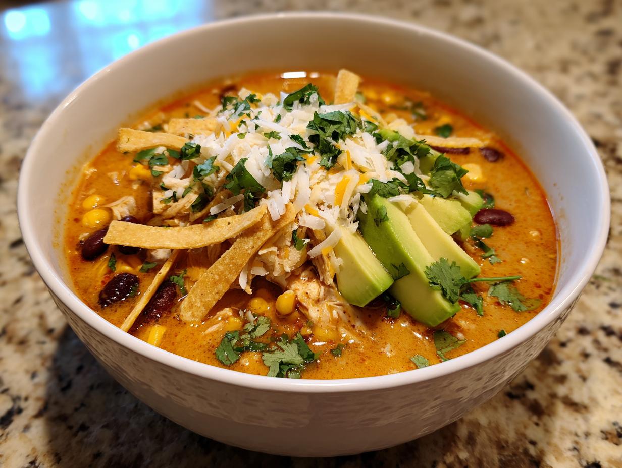 A close-up of a bowl of creamy chicken tortilla soup, topped with shredded cheese, avocado slices, and cilantro.