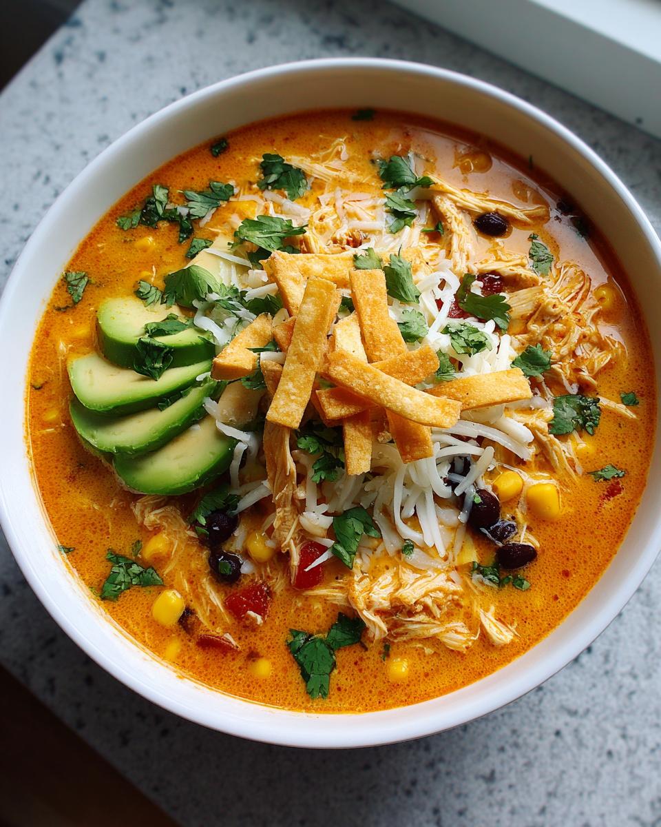 A close-up of creamy chicken tortilla soup topped with shredded cheese, avocado slices, and tortilla strips.