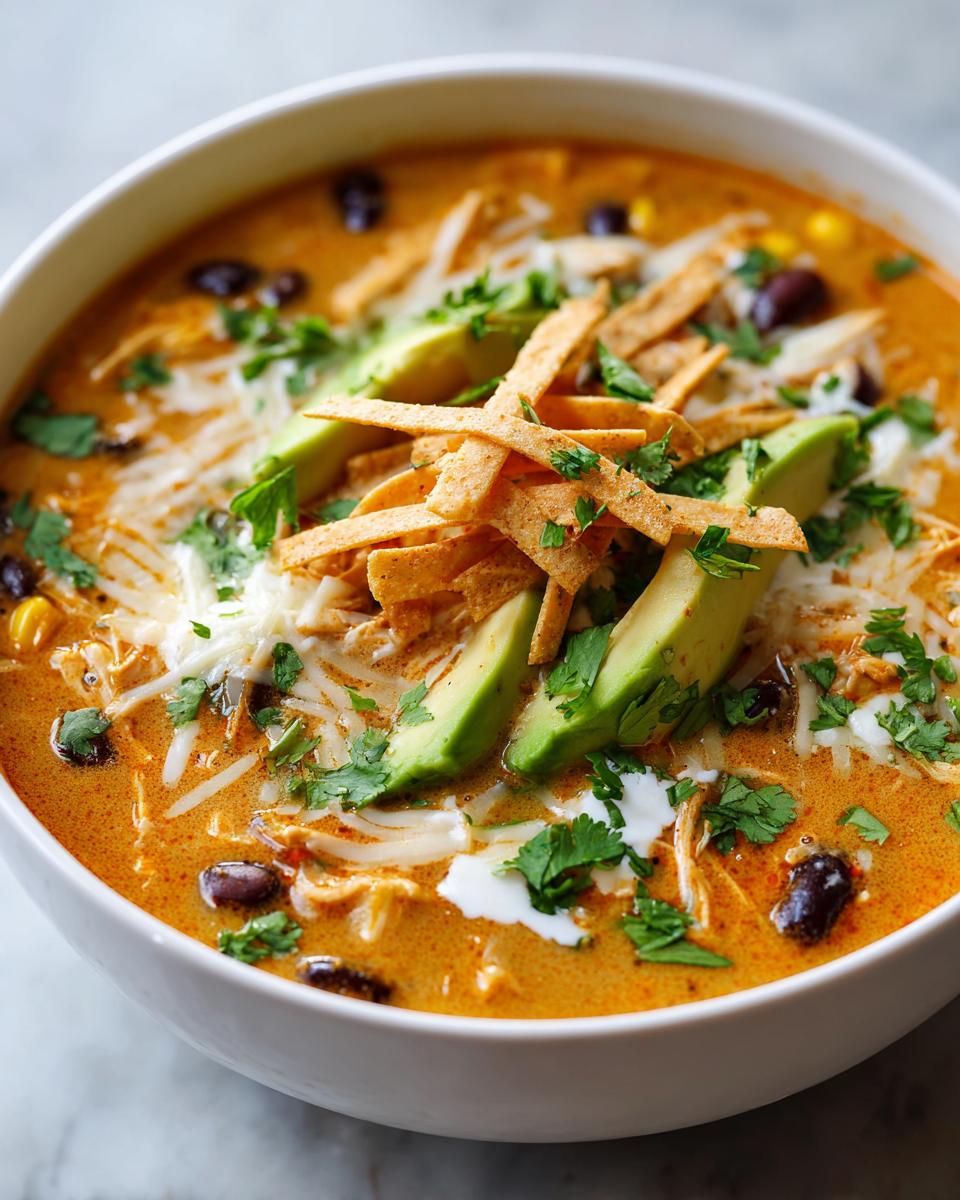 Close-up of a bowl of rich, orange chicken tortilla soup topped with avocado slices, tortilla strips, and cheese.