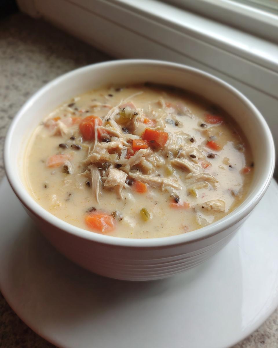 Close-up of a creamy chicken wild rice soup bowl filled with shredded chicken, carrots, and dark wild rice.