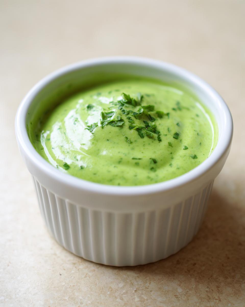 Close-up of a creamy, bright green cilantro lime sauce garnished with chopped herbs in a small white ramekin.