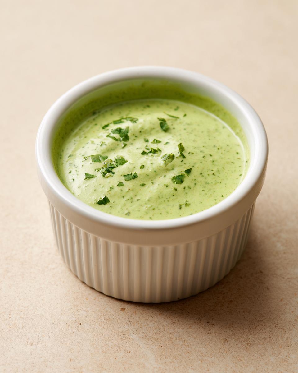 Close-up of creamy, light green cilantro lime sauce topped with fresh chopped herbs in a white ribbed ramekin.