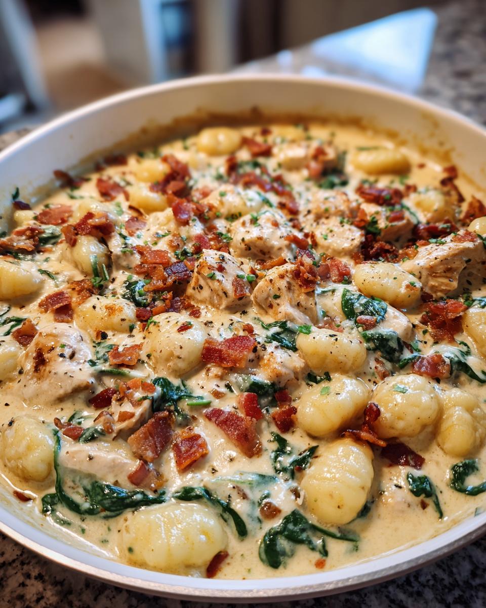 Close-up of creamy crack chicken gnocchi dish, featuring gnocchi, chicken pieces, spinach, and bacon crumbles in a rich sauce.