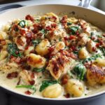 Close-up of creamy crack chicken gnocchi dish featuring seared chicken, potato gnocchi, spinach, and bacon bits in a rich sauce.