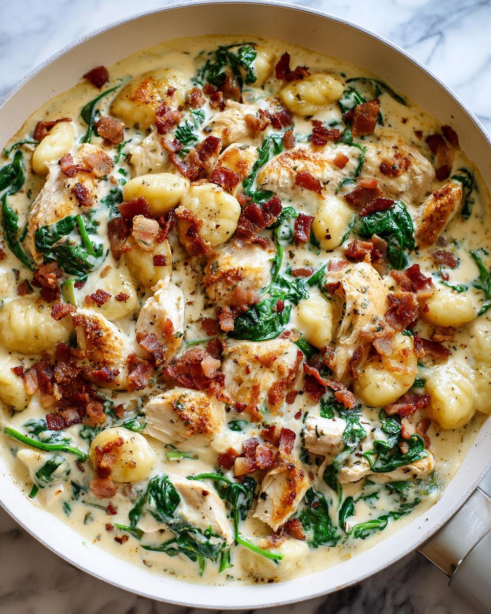 Close-up overhead view of creamy crack chicken gnocchi dish with spinach and bacon in a white skillet.