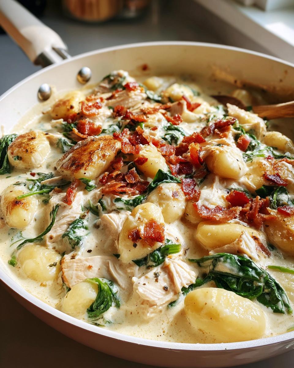 Close-up of creamy crack chicken gnocchi dish with spinach and bacon topping in a white skillet.
