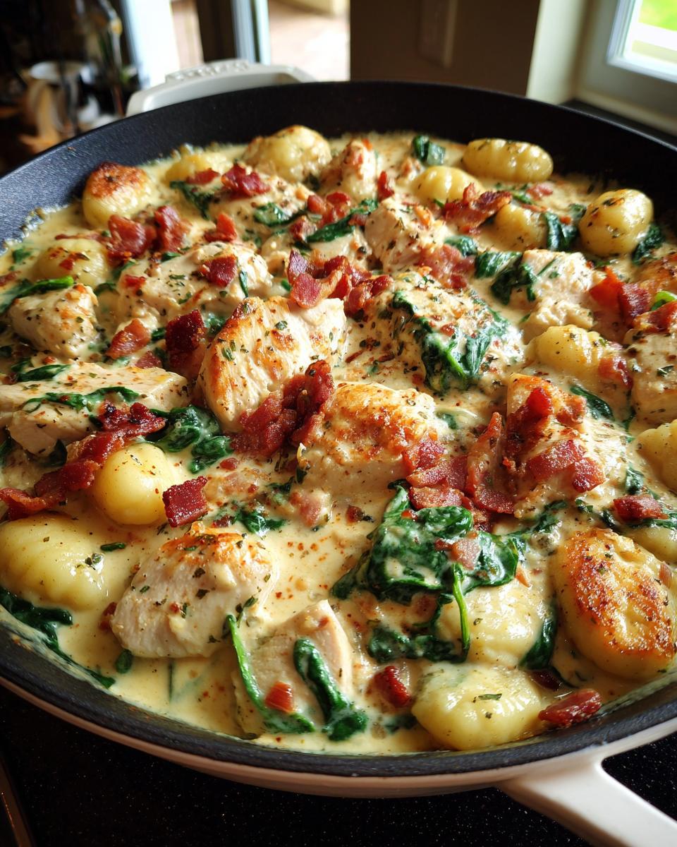 A close-up of creamy crack chicken gnocchi cooked in a skillet, featuring chicken pieces, spinach, and bacon bits.