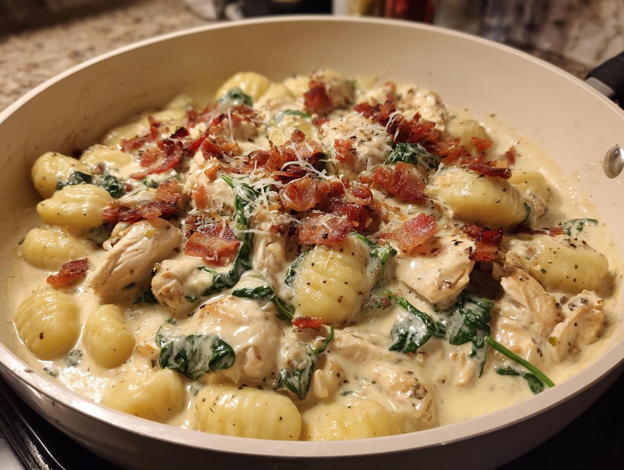 Close-up of creamy crack chicken gnocchi dish featuring chicken, spinach, and bacon crumbles in a light sauce.