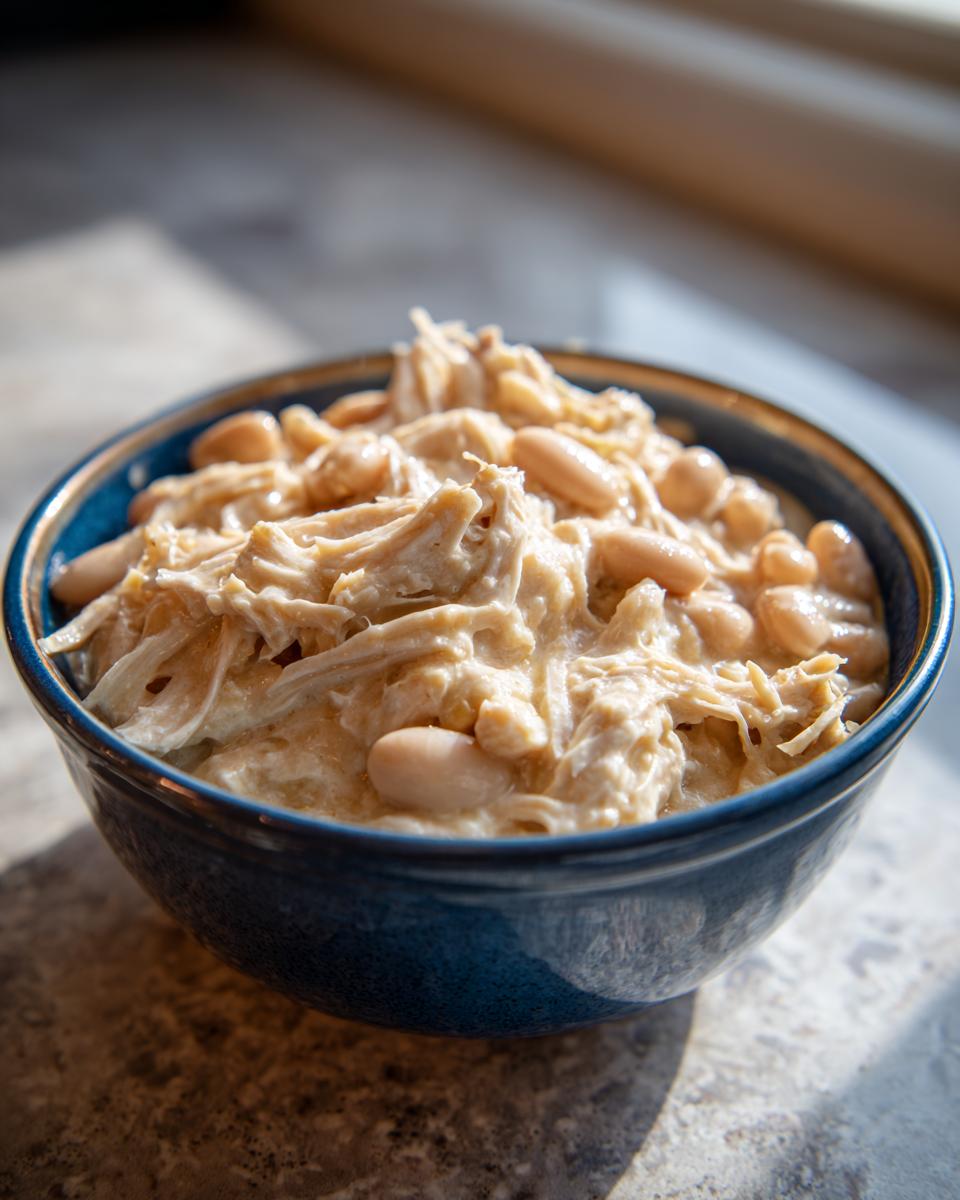 Close-up of shredded chicken and white beans in a creamy sauce, representing cream cheese chicken chili.