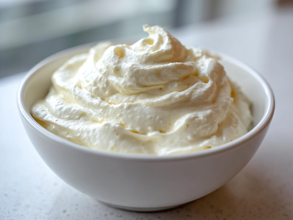 Close-up of a white bowl filled with fluffy, creamy fruit dip, ready for serving.