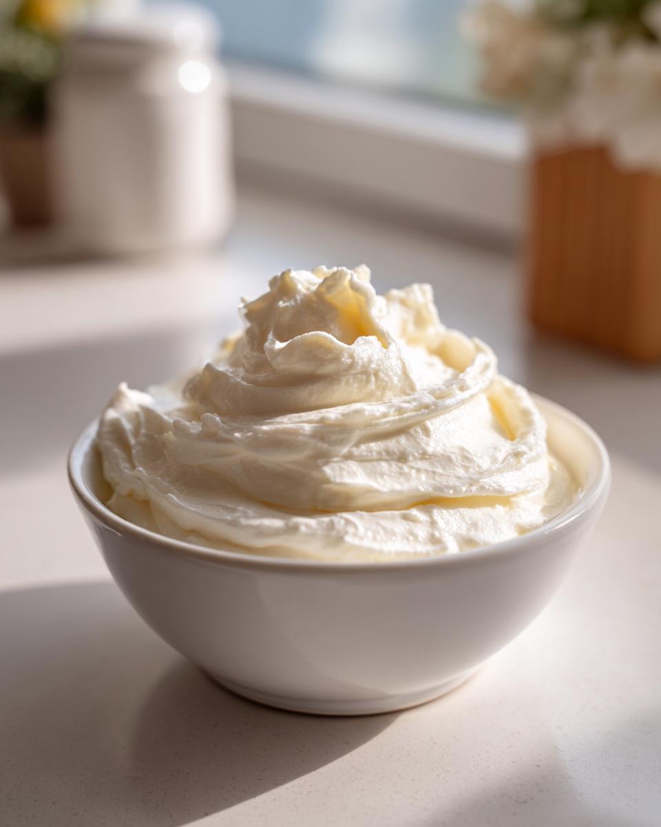 A close-up of fluffy, white, creamy fruit dip swirled high in a small white bowl.