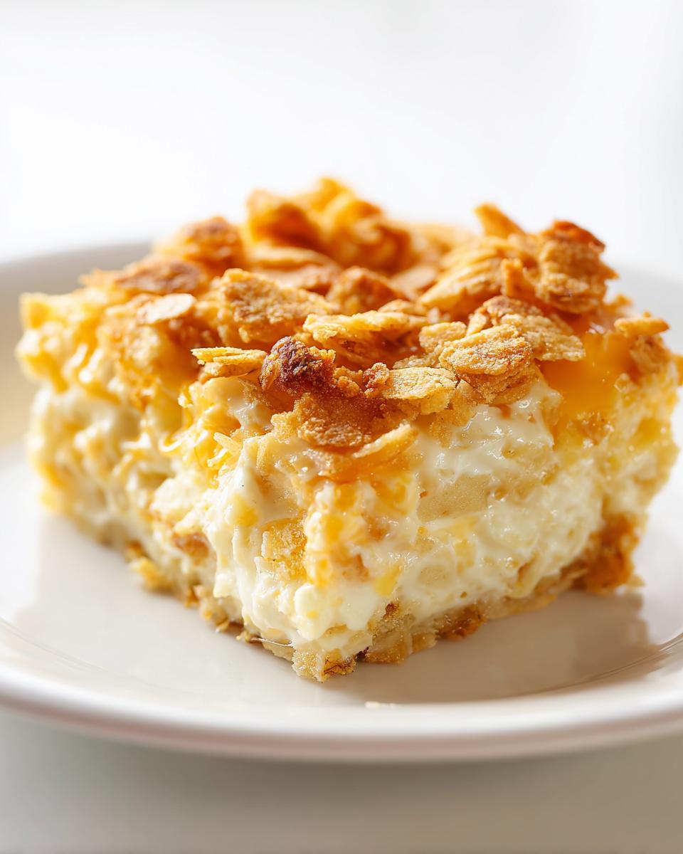 A square serving of creamy funeral potatoes recipe topped with golden, crunchy cornflakes on a white plate.