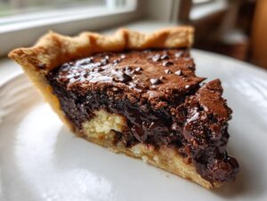 Close-up of a rich slice of hot fudge pie showing a gooey chocolate center and flaky crust.