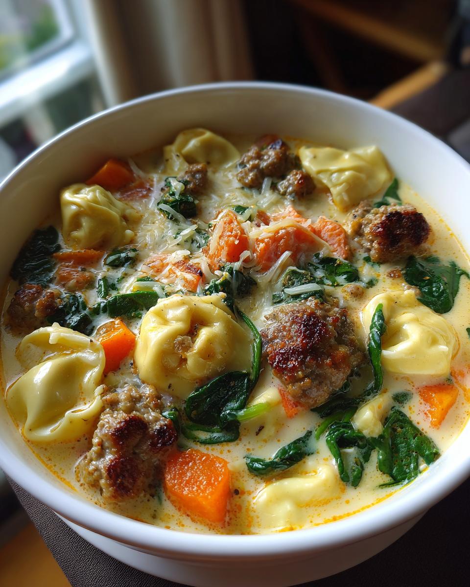 Close-up of a bowl of creamy italian sausage tortellini soup with spinach, carrots, and cheese.