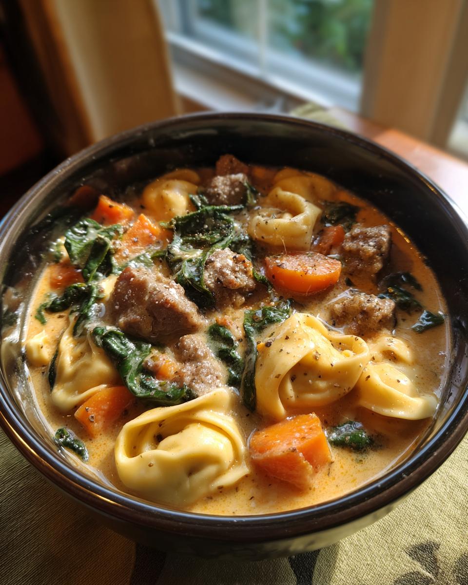 Close-up of creamy italian sausage tortellini soup featuring tortellini, sausage chunks, carrots, and spinach.