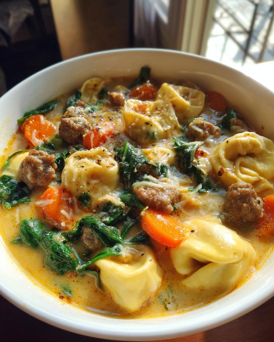 A close-up of a bowl of creamy italian sausage tortellini soup with spinach and carrots.