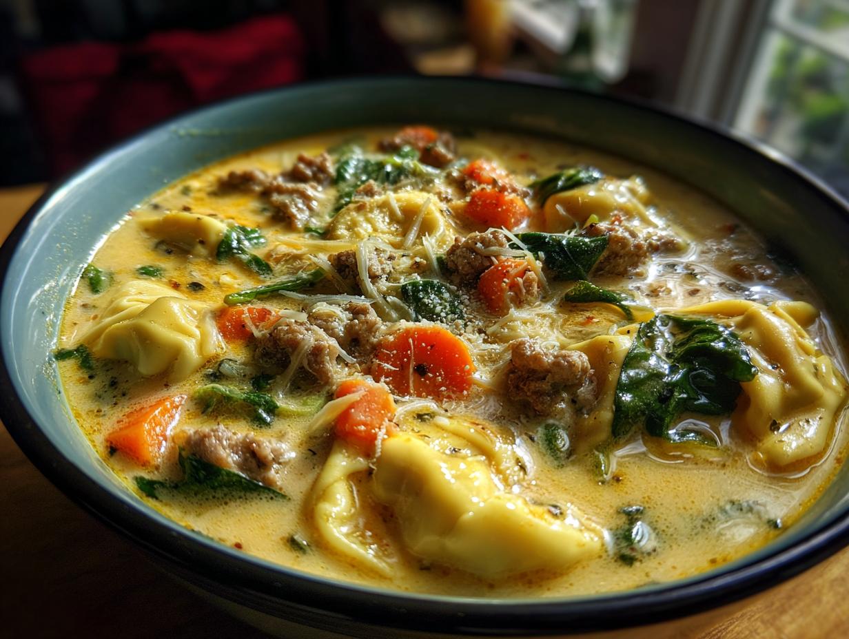Close-up of a creamy bowl of italian sausage tortellini soup with carrots, spinach, and parmesan cheese.