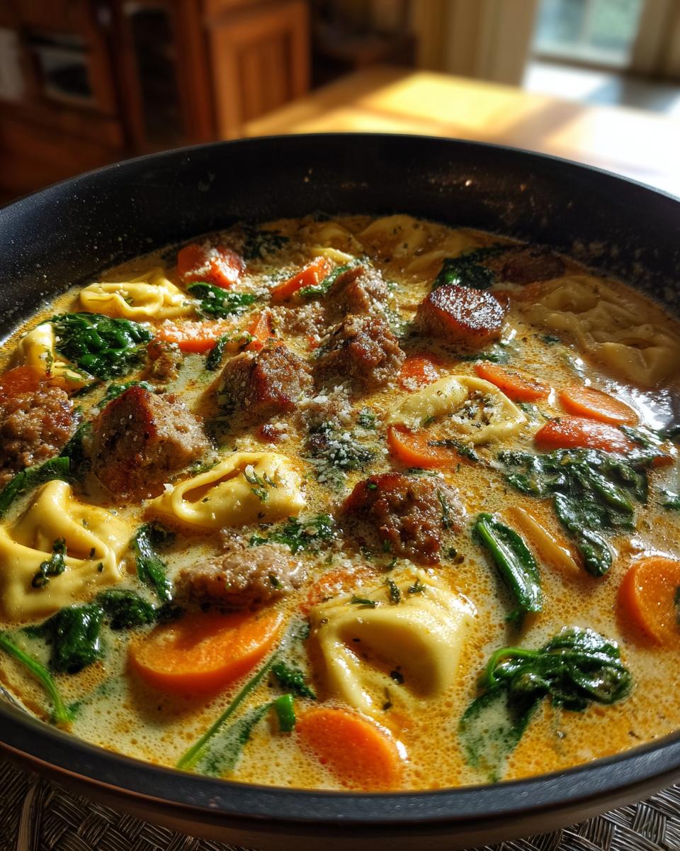 Close-up of creamy italian sausage tortellini soup with carrots and spinach in a black skillet.