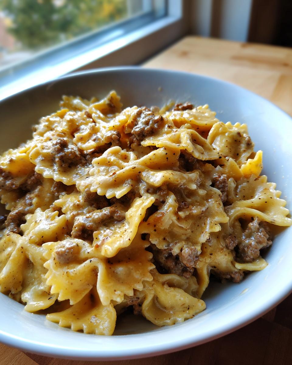 Close-up of creamy parmesan garlic beef bowtie pasta coated in a rich sauce, served in a white bowl.