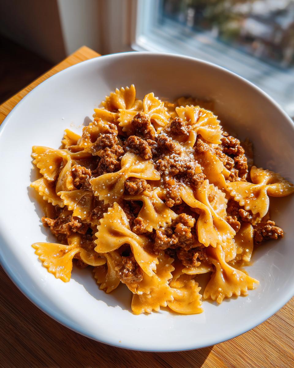 A close-up of creamy parmesan garlic beef bowtie pasta topped with grated cheese in a white bowl.
