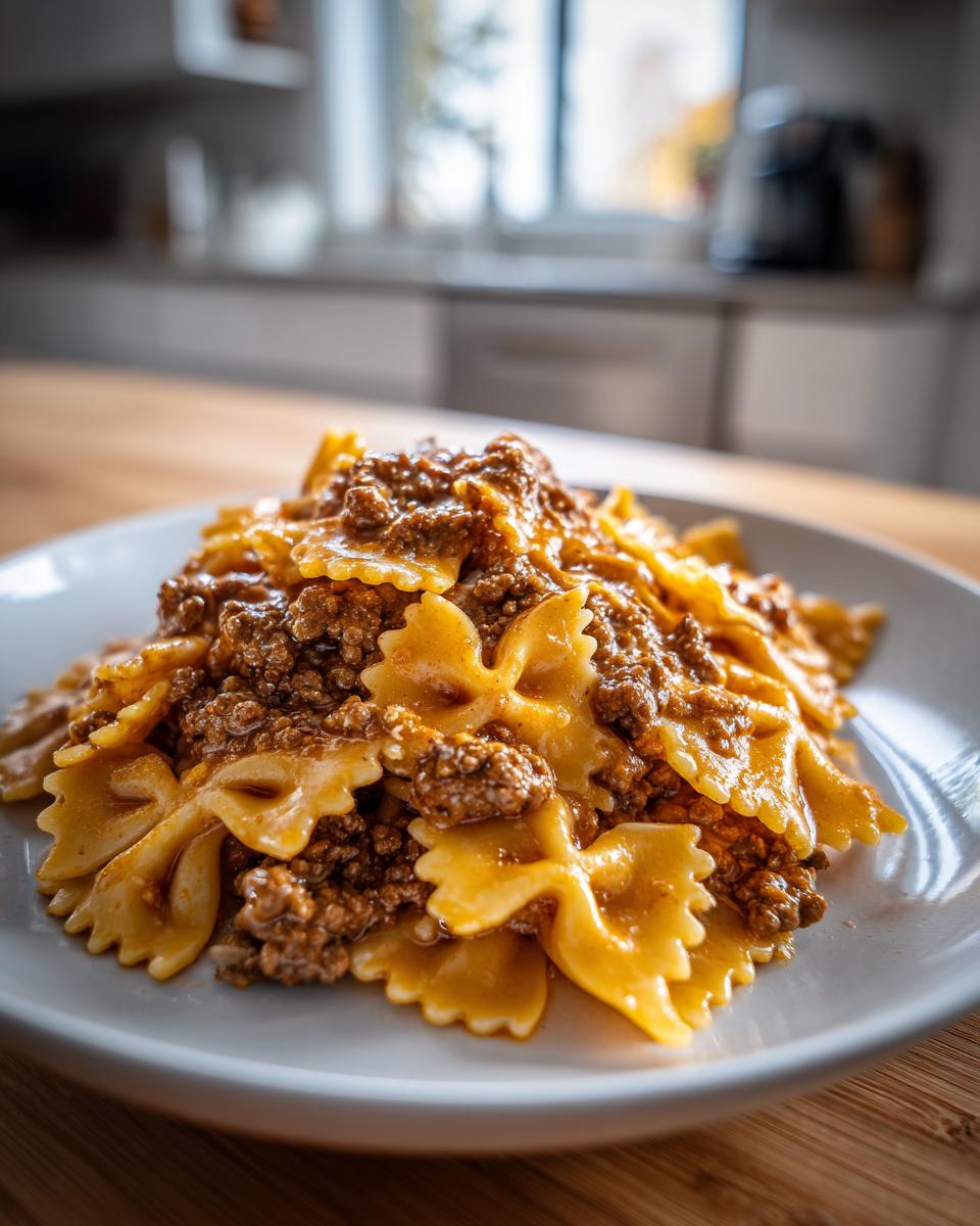 A close-up of creamy parmesan garlic beef bowtie pasta served on a white plate.