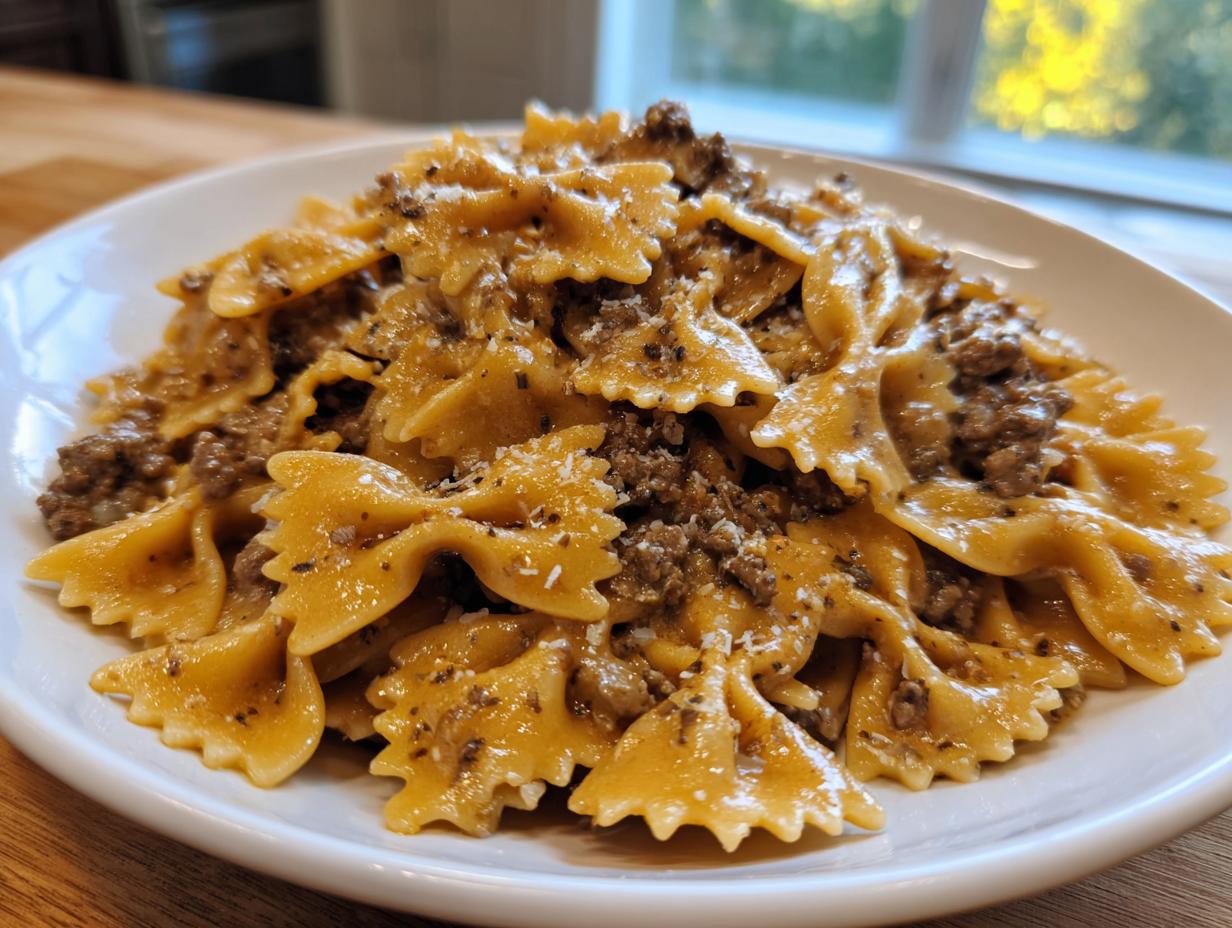 Close-up of creamy parmesan garlic beef bowtie pasta tossed in a rich sauce and topped with grated cheese.