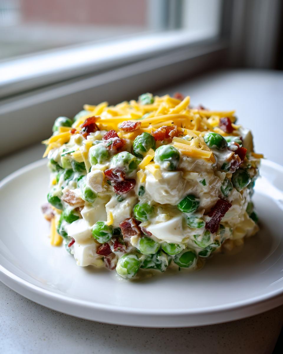 A mound of creamy pea salad topped with shredded cheddar cheese and bacon bits, served on a white plate.