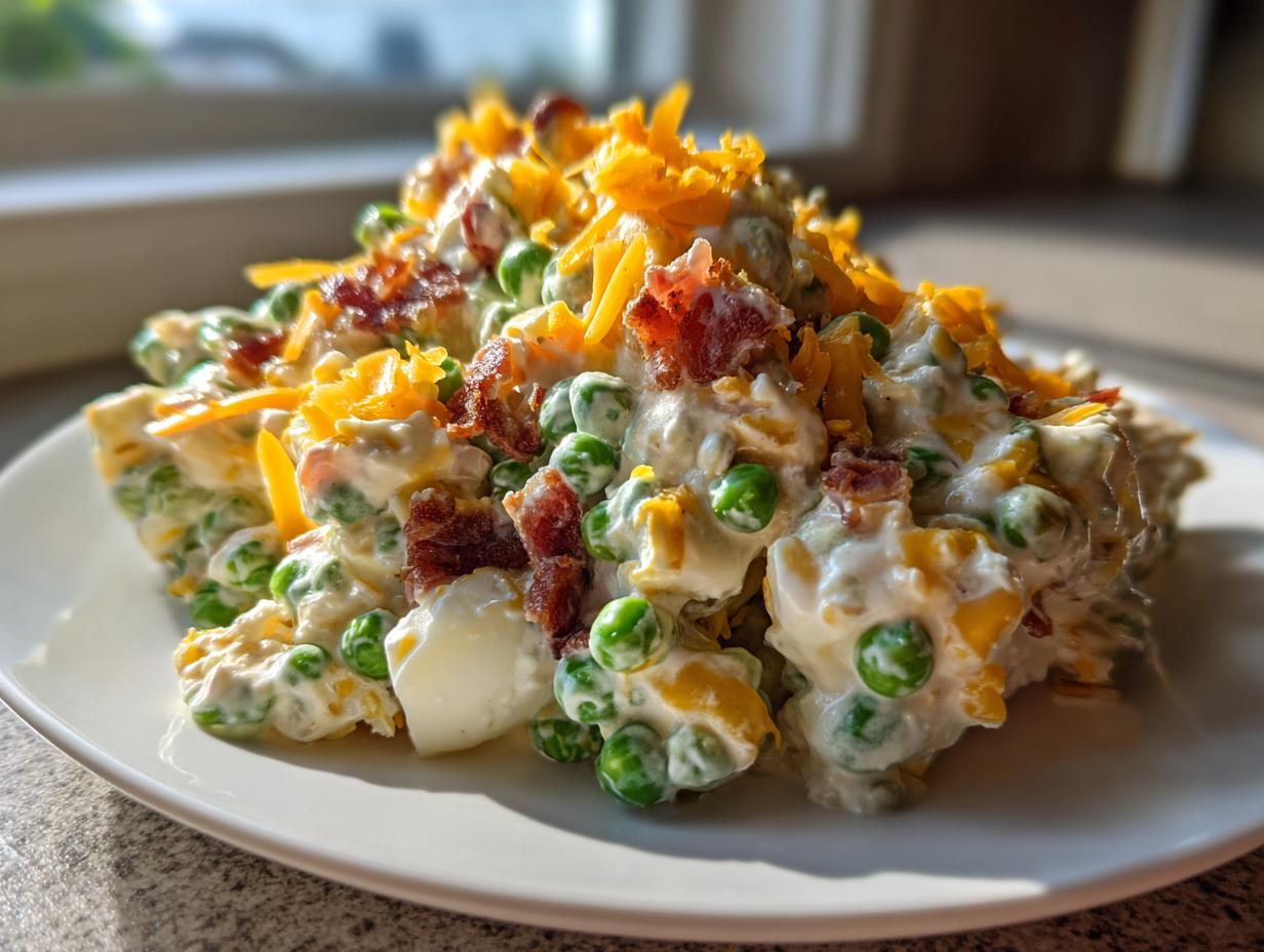 Close-up of a serving of creamy pea salad mixed with eggs, topped generously with shredded cheddar cheese and crispy bacon bits.