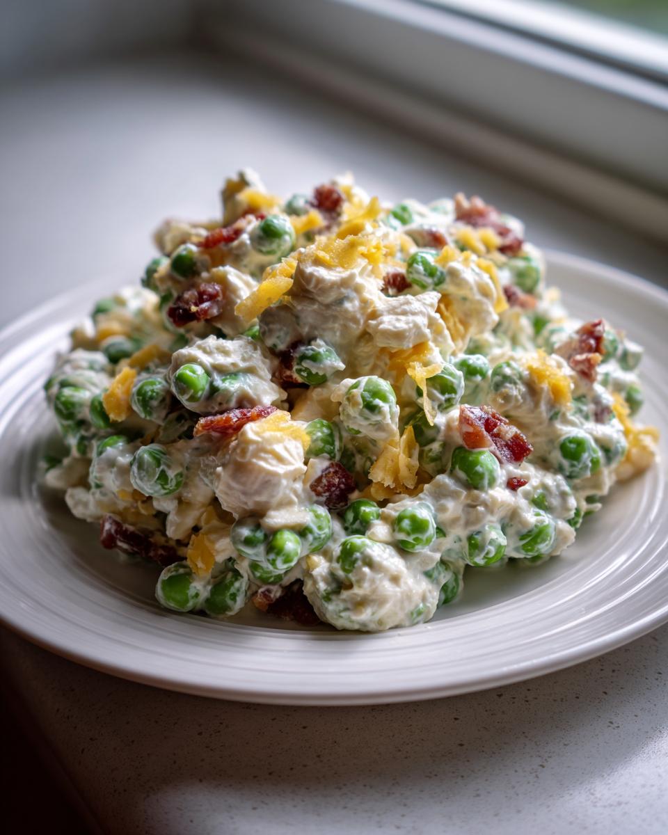 A mound of creamy pea salad mixed with bacon bits and topped with shredded cheddar cheese on a white plate.