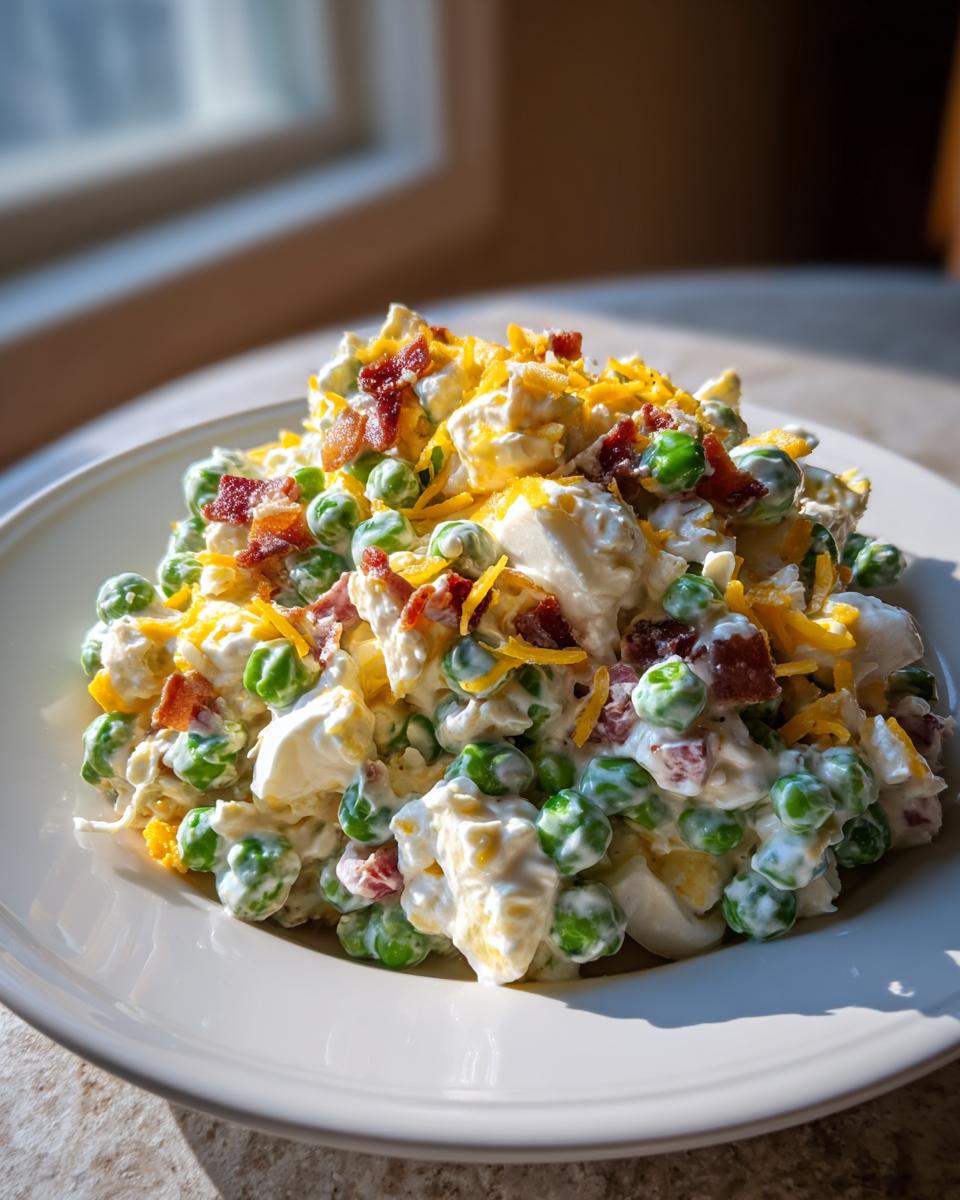 A close-up of creamy pea salad mixed with eggs and topped generously with bacon bits and shredded cheddar cheese.