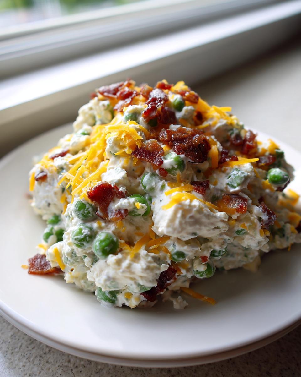 A scoop of creamy pea salad mixed with green peas, topped with shredded cheddar cheese and crispy bacon bits.