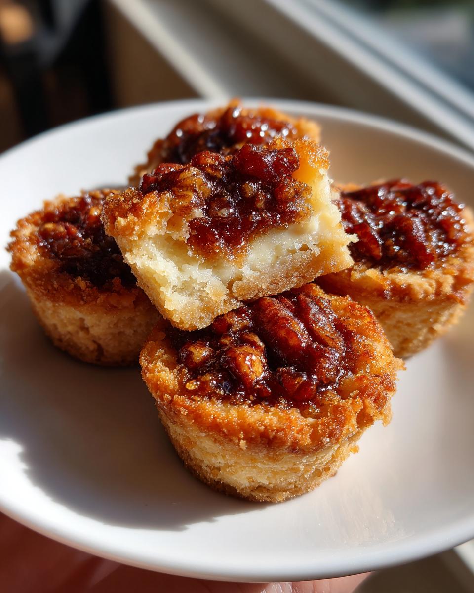 A close-up view of four delicious pecan tassies, one broken open to show the creamy filling and pecan topping.