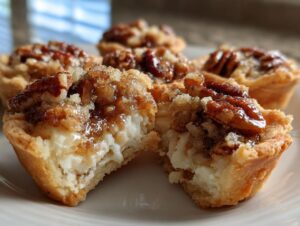 Close-up of a pecan tassie broken in half, showing the creamy filling and pecan topping.