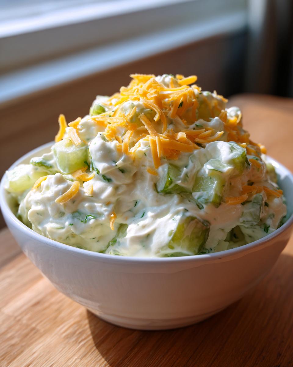 A white bowl filled with creamy pickle dip mixed with chopped pickles and topped with shredded cheddar cheese.