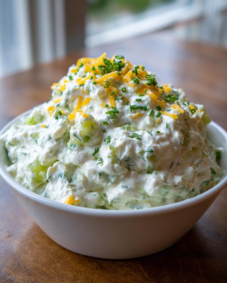A white bowl overflowing with creamy pickle dip, topped with shredded cheddar cheese and fresh chives.